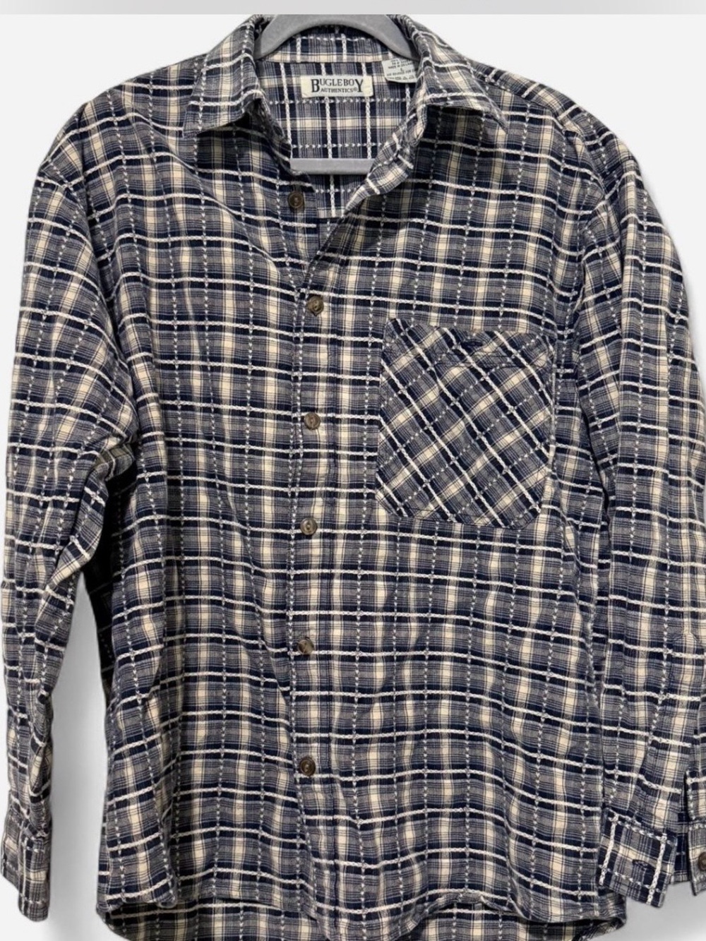 True Vintage Plaid Navy & Beige Fall Autumn Classic Button Down Bugle Boy Large